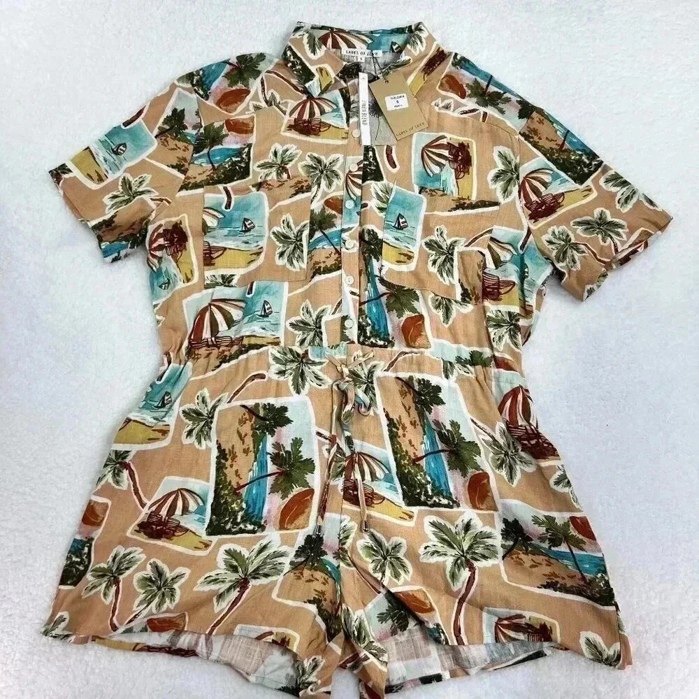 Label Of Love Womens sz Sm Romper Peach Tropical Print Jumpsuit Playset Vacation